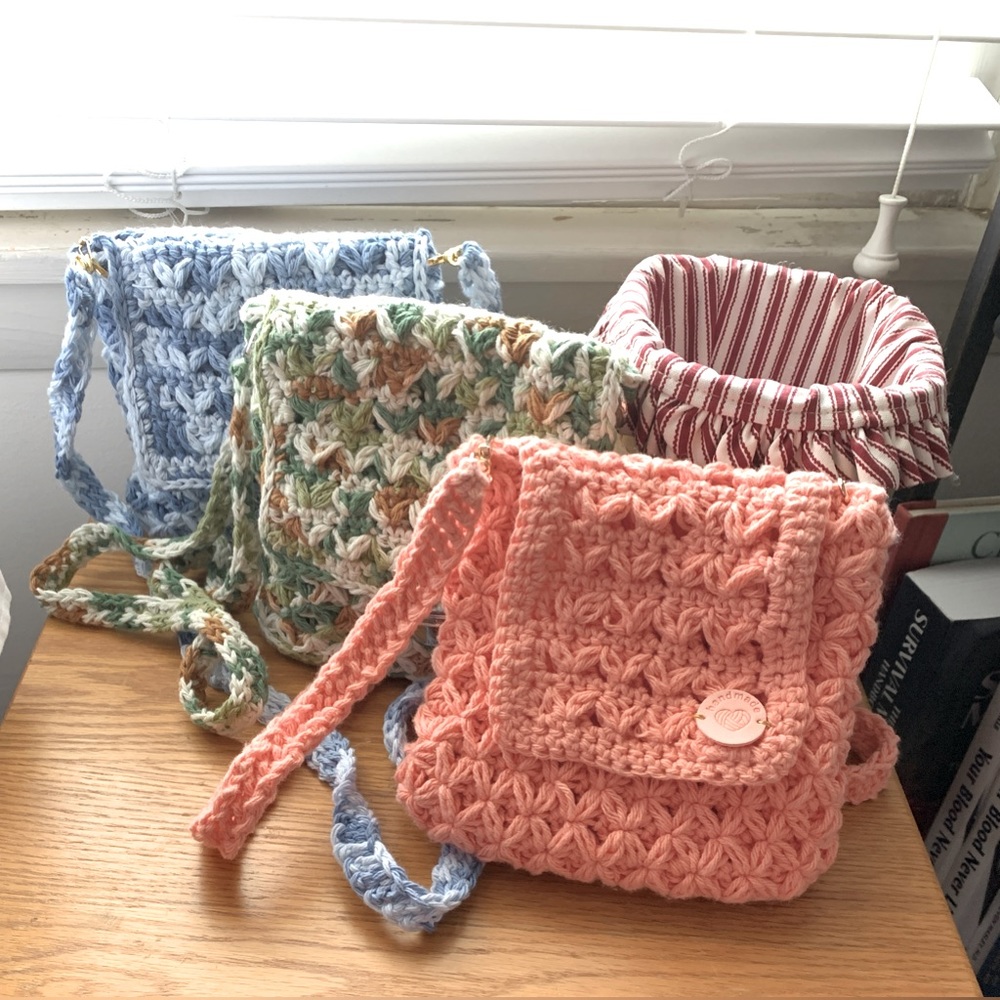 Handmade Phone Purses Crochet in peach, denim blue, sage greens, you pic color